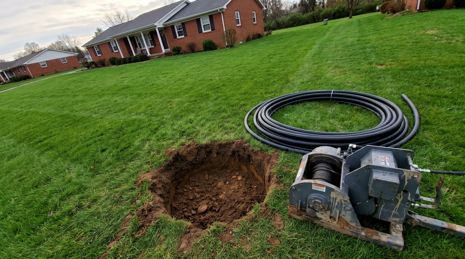 A single small access pit open in a Columbia, Tennessee front lawn during a trenchless sewer repair, with coiled HDPE pipe and a winch beside it and the rest of the lawn undisturbed