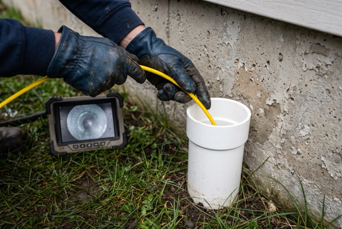 A technician feeding a yellow push camera into a white PVC sewer cleanout beside a house foundation, with the camera monitor showing the inside of the pipe