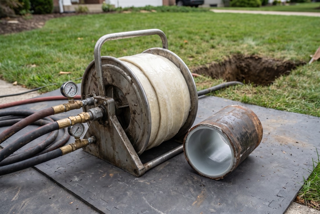A cured-in-place liner spooled on an inversion drum beside a cross-section of finished lined pipe