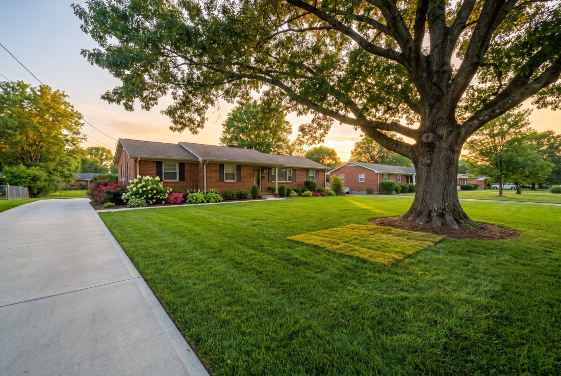 A restored Middle Tennessee front lawn after sewer work, with one small patch of fresh sod and the concrete driveway completely uncut
